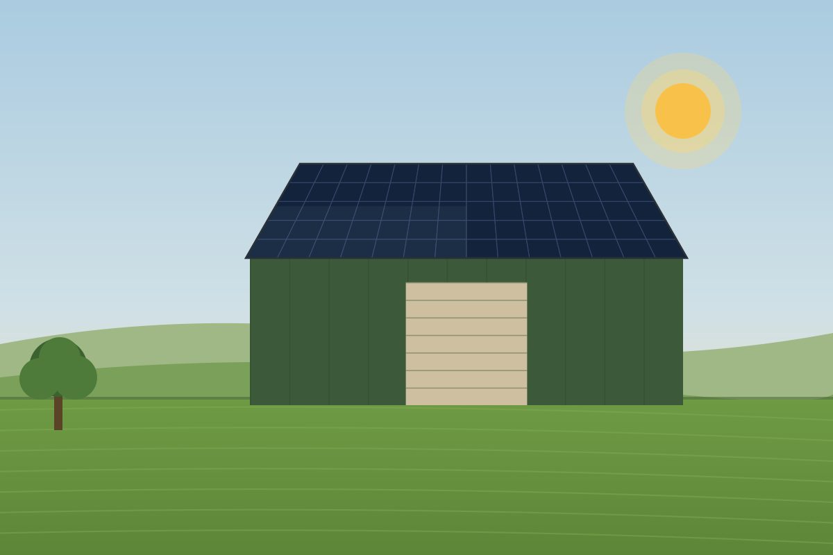 Solar panels on steel-frame portal barns
