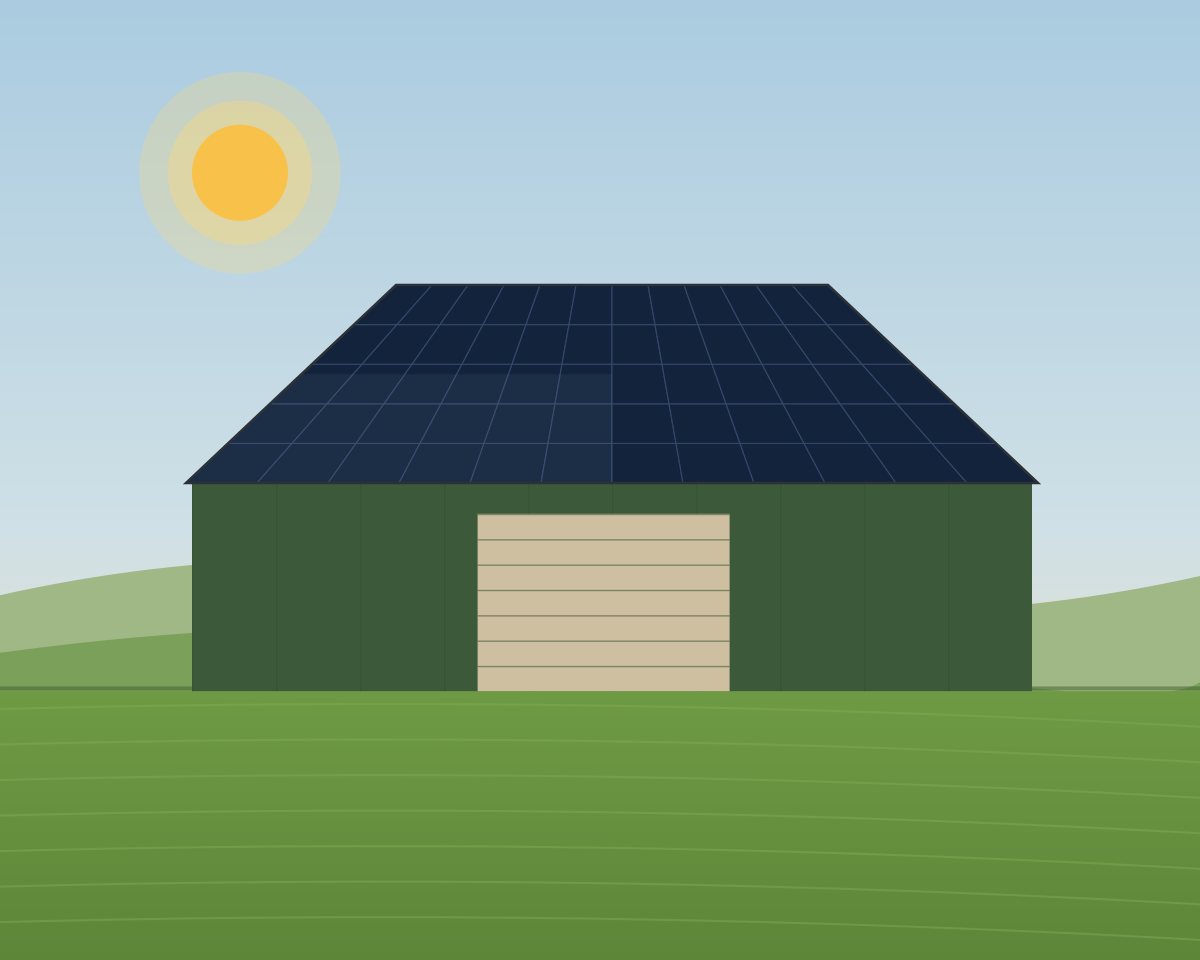 Close view of solar panels mounted across a barn roof